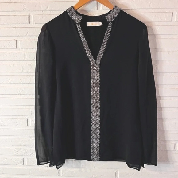 Tory Burch Black Long Sleeve Embellished Studded Silk Top, Women’s Size 2 - Picture 1 of 9